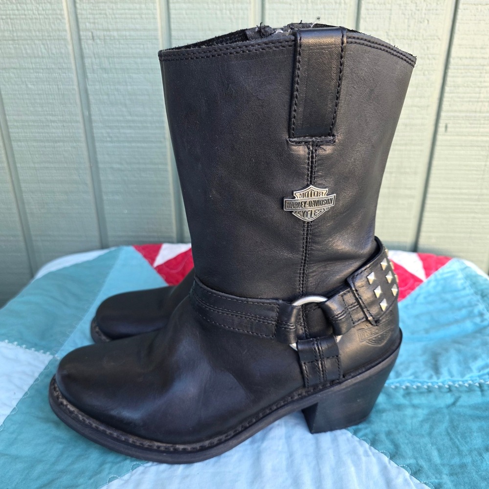 Harley Davidson Moto Boots Womens 8.5 Black Leather Studded Harness Mid Calf